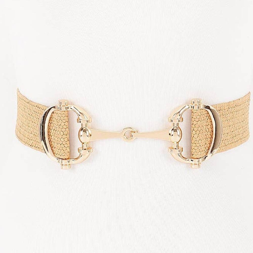 Straw Metal Horse Bit Buckle Elastic Belt Khaki Gold